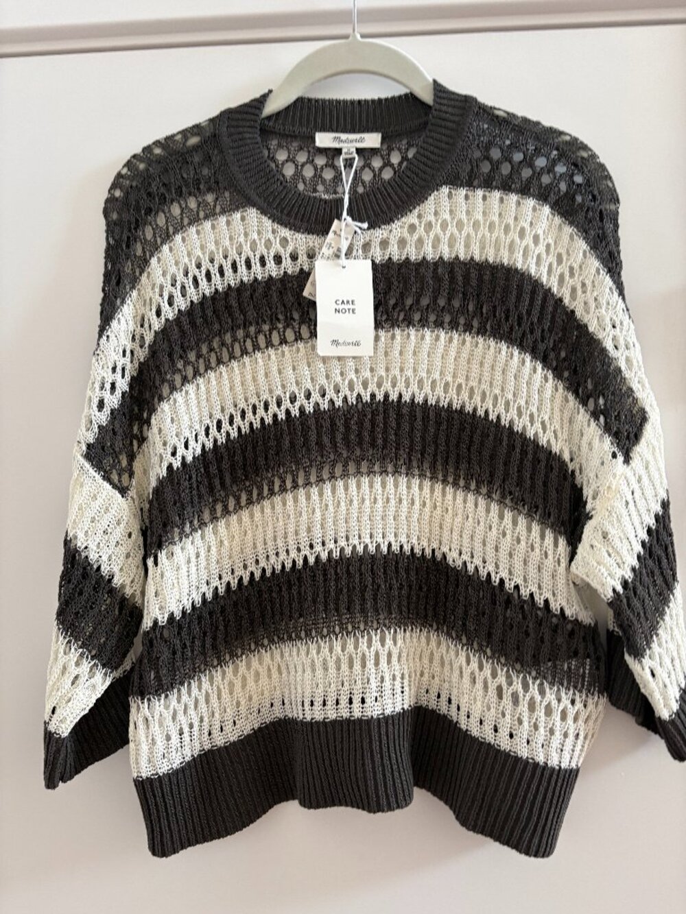 NWT Madewell Open Stitch Striped Sweater Crewneck Crochet Pullover Cream Olive